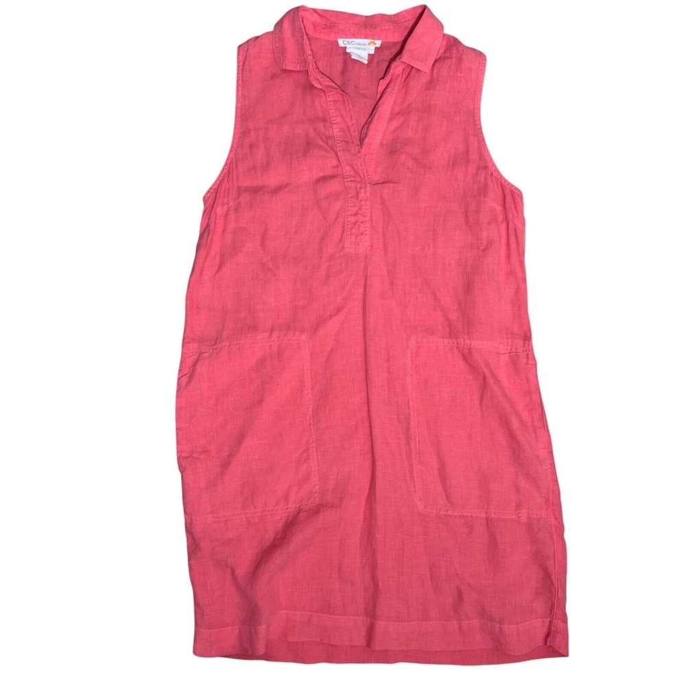 C&C California‎ Dress Medium Coral Linen Sleeveless Vneck Pockets Casual Pink